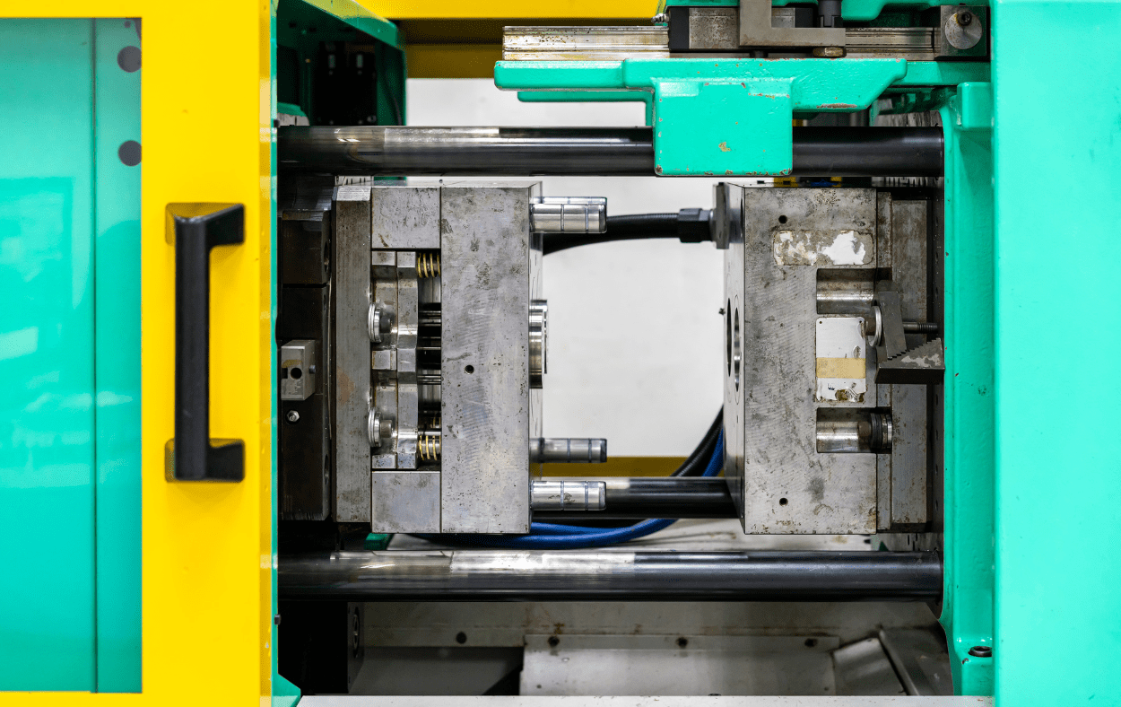 Molding chamber close-up of the plastic injection molding machine